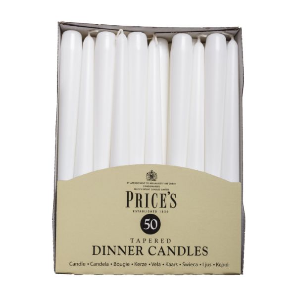 PRICE'S DINNER CANDLE WHITE 10'' 50PK